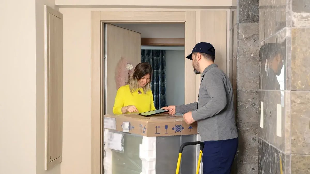 Delivery driver getting a customer to sign for a bulky item on a tablet