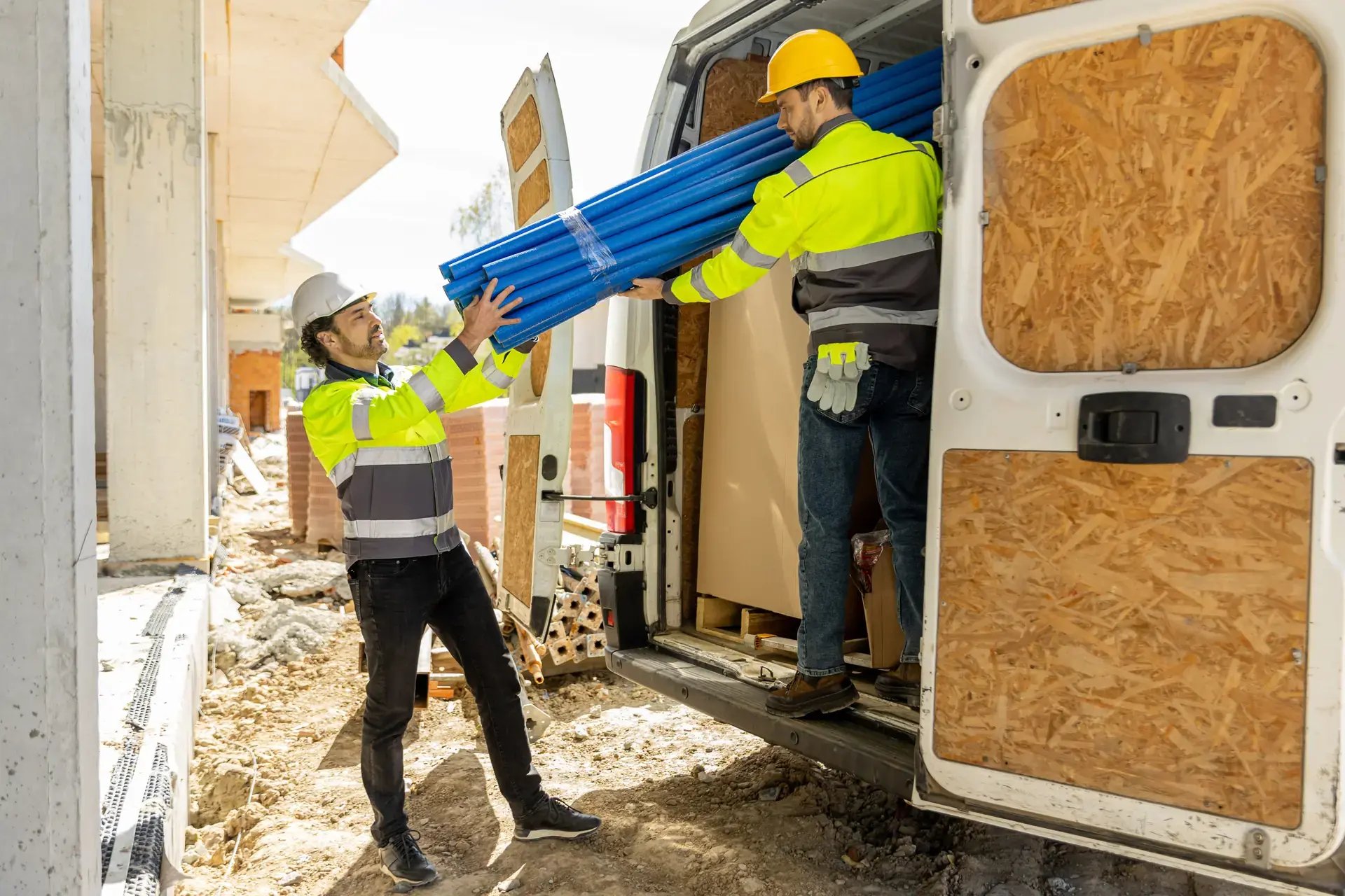 Two tradespeople loading plastic pipes into a van on a building site