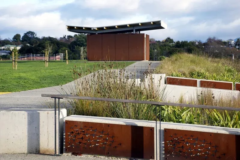 Modern public toilet block in a landscaped park