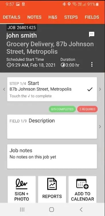 vWork mobile app showing a grocery delivery job with its steps and required fields